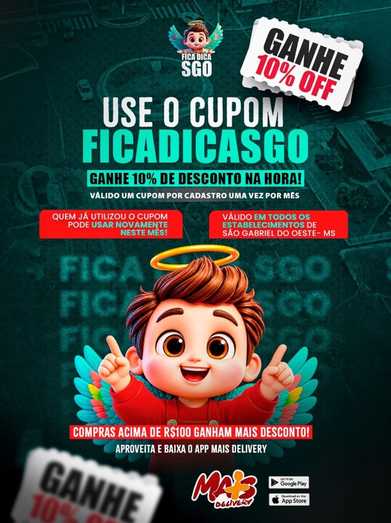 Cupom do Fica Dica garante 10% de desconto no Mais Delivery em São Gabriel do Oeste